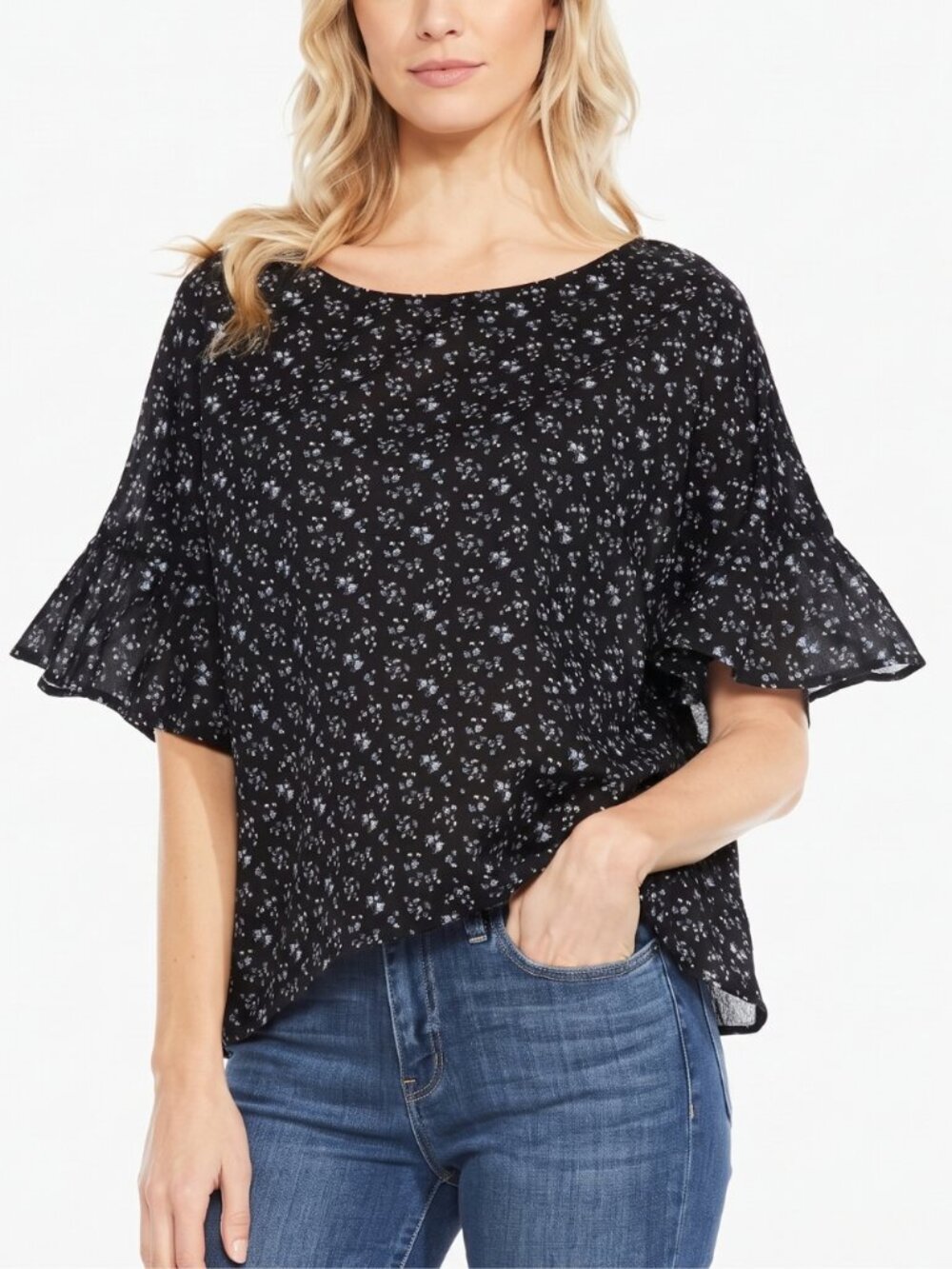 NWT Two by Vince Camuto Bell Sleeve Cotton Blend Blouse - Black | FREE SHIPPING
